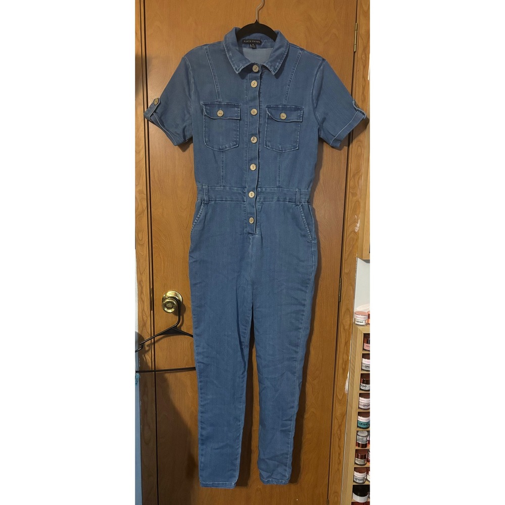 Haute Monde Denim Utility Jumpsuit Medium Wash Blue Short Sleeve Button Up M